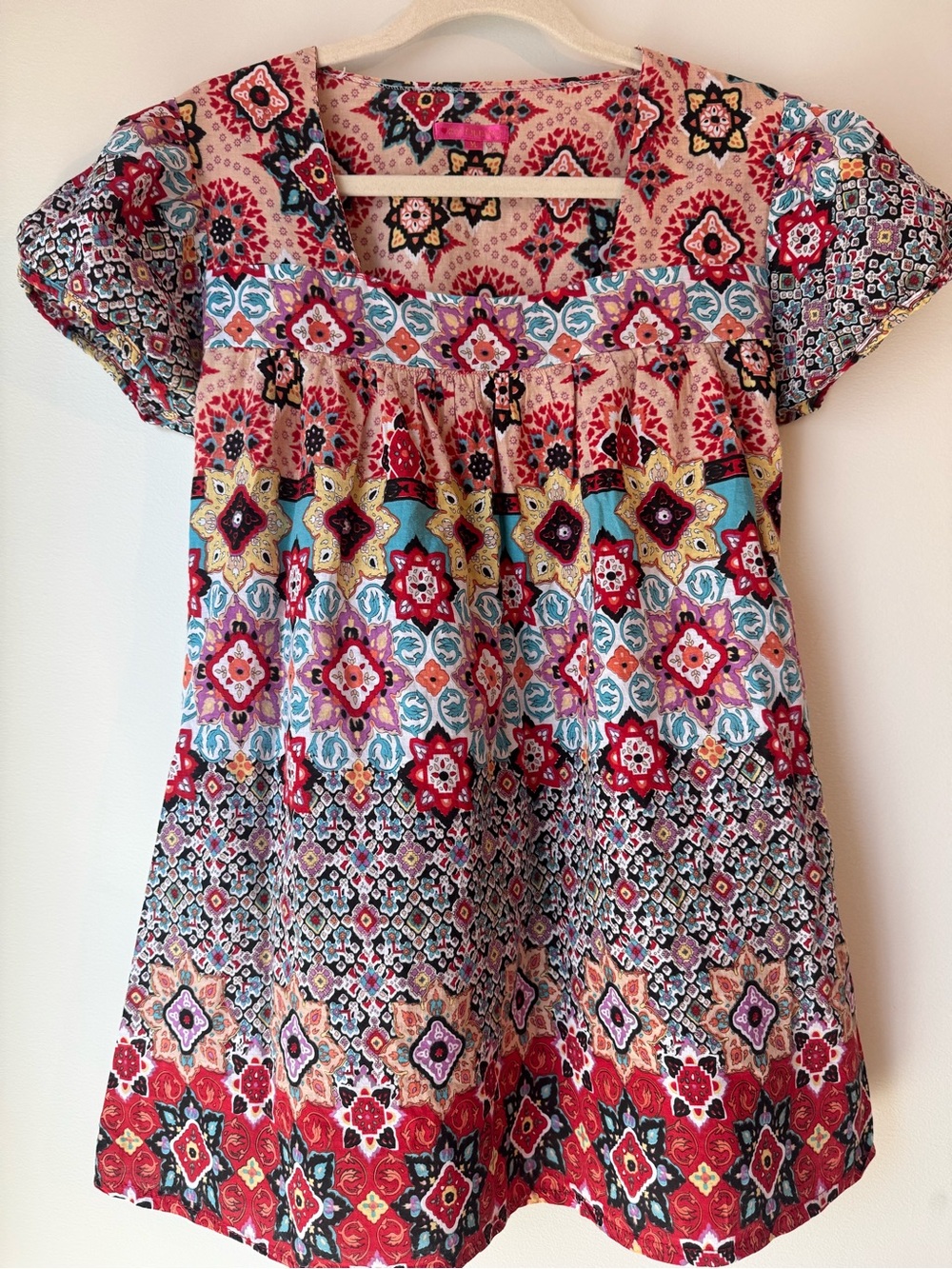 Bohemian Summery Floral Patchwork Tunic Top - Red Multi %65 cotton